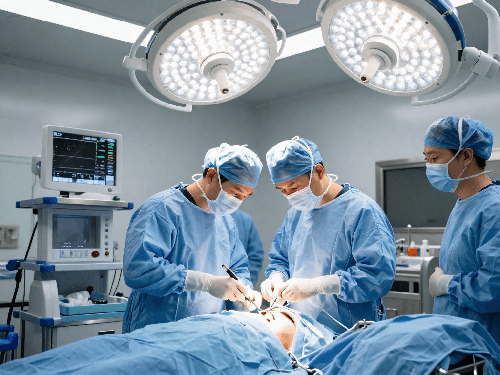 Focus on a surgeon performing a Bel fıtığı ameliyatı in a modern surgical room with advanced tools.