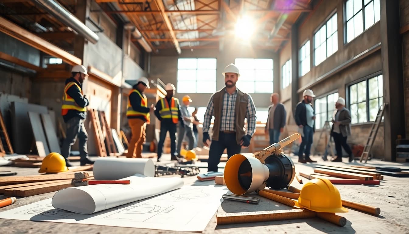 New Jersey General Contractor managing a construction site with skilled workers and blueprints.