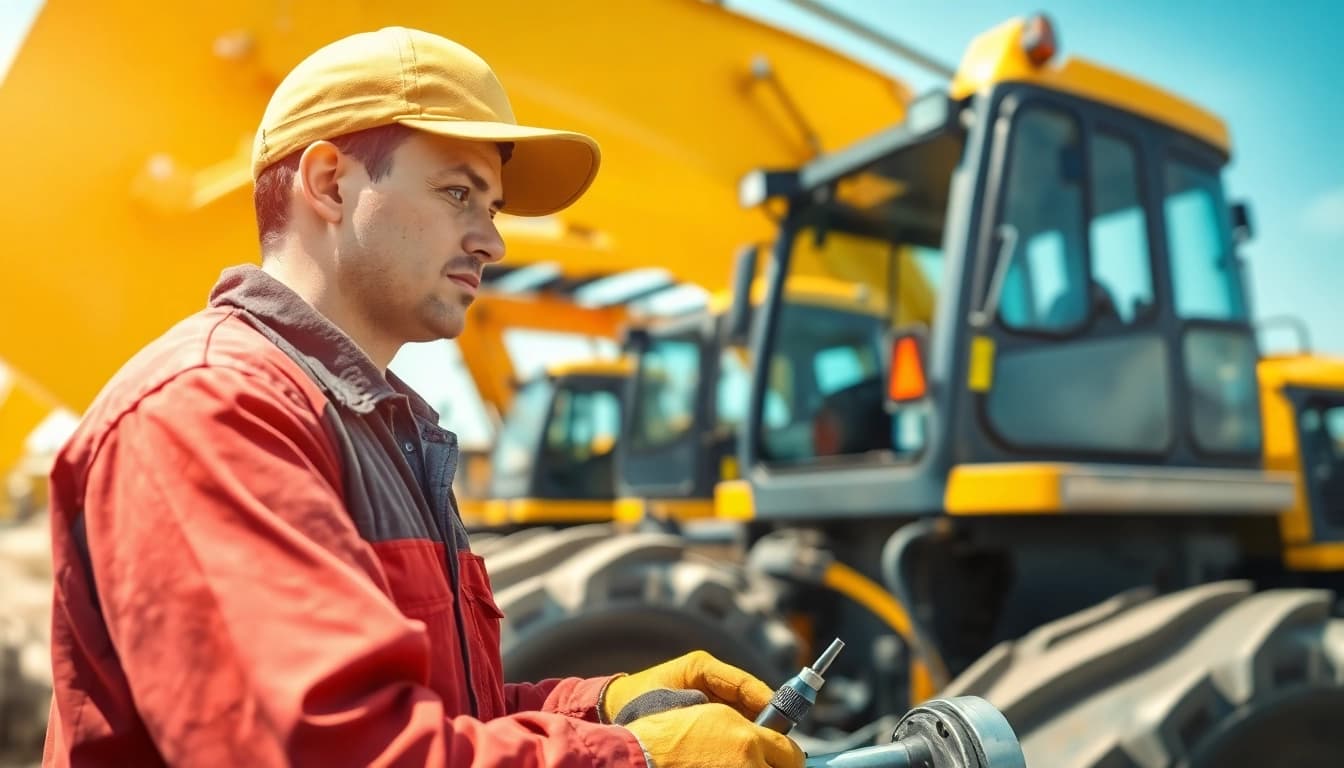Mechanic providing mobile equipment service in a dynamic outdoor setting.
