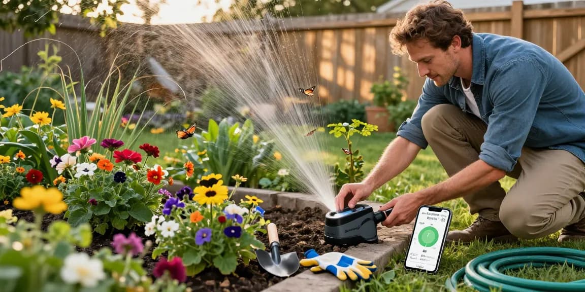 Setting up a RainPoint sprinkler timer in a vibrant garden for efficient watering