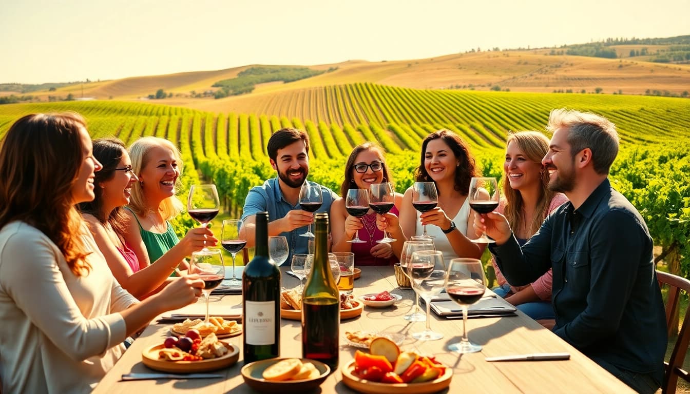 Savoring the flavors on a sacramento wine tasting day trip with friends in a scenic vineyard.