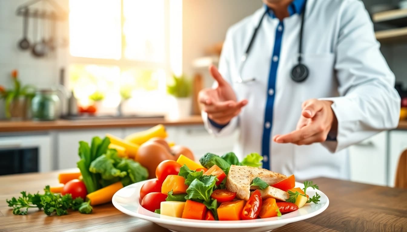 Analyze a delicious Weight Loss Diet featuring fresh vegetables and lean proteins in a modern kitchen.