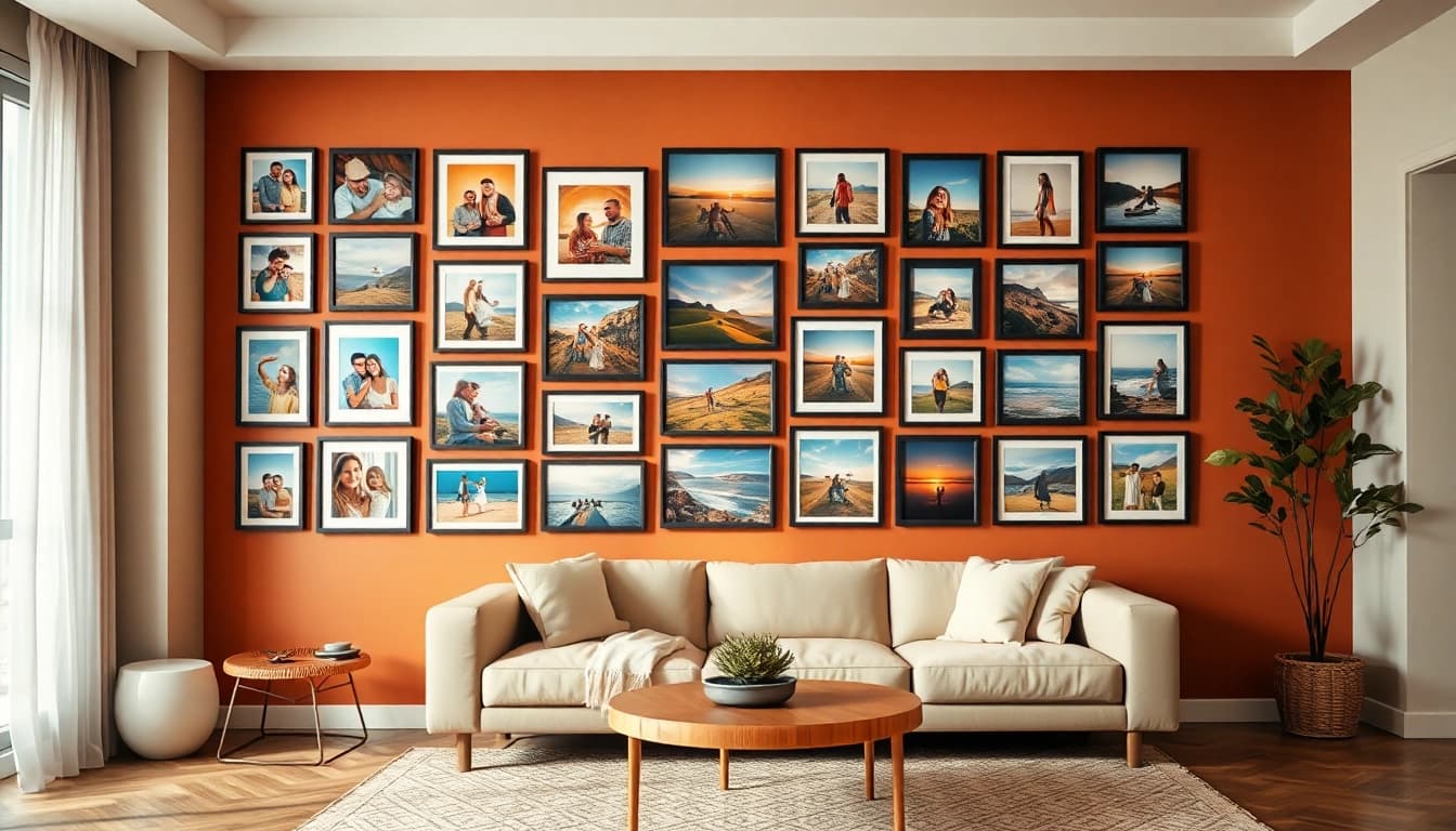 Showcasing a vibrant photo wall featuring cherished memories and artistic images.