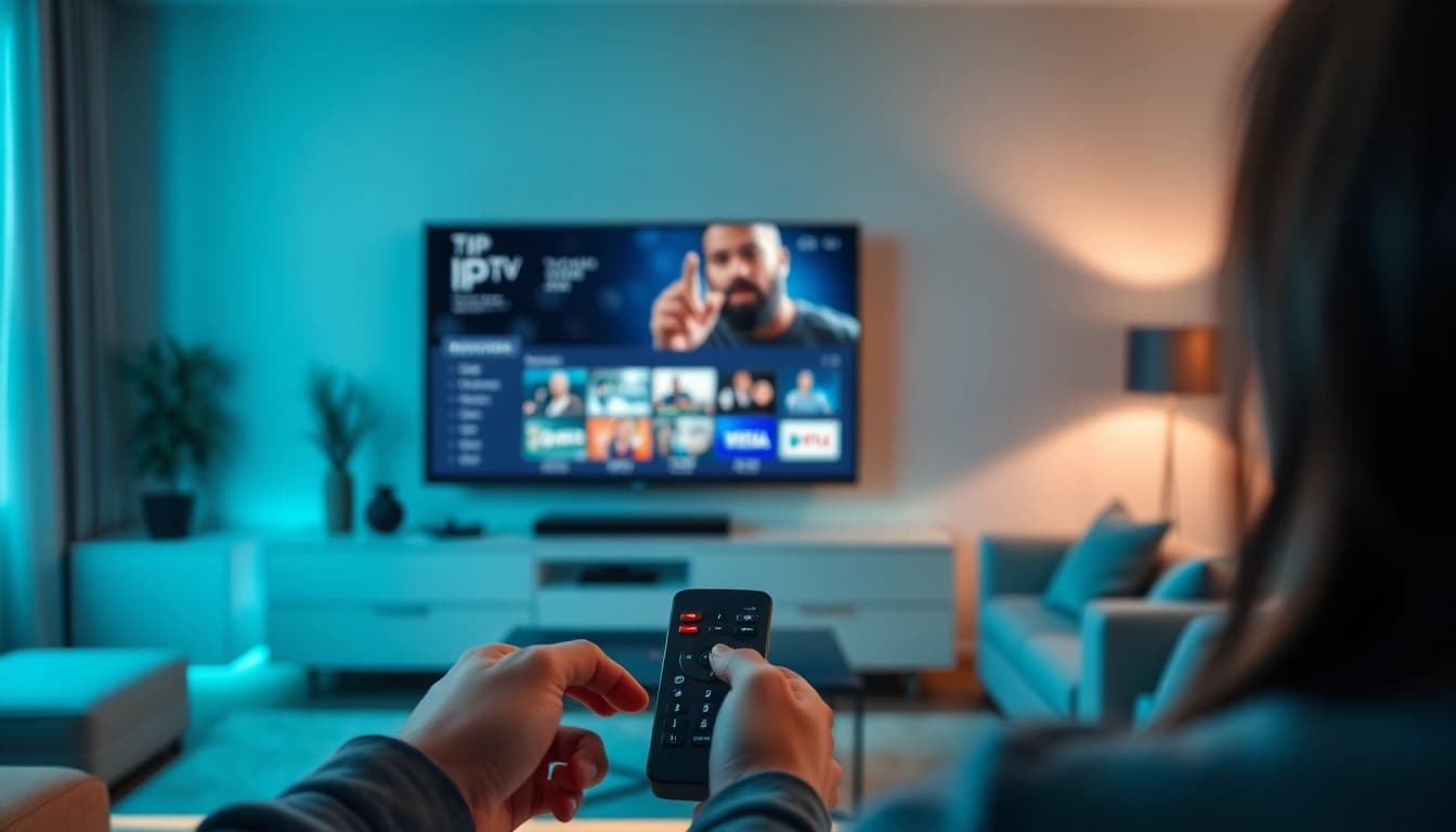 Explore free trial iptv in a modern living room with a user controlling the setup.