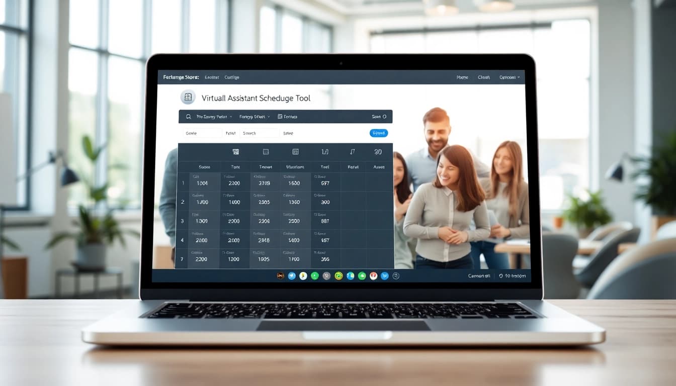 Using a virtual assistant scheduling tool on a laptop in a vibrant office setting.