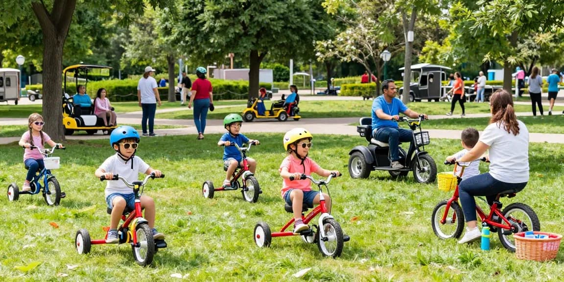 Families enjoying Scout tricycles, capturing joyful outdoor moments.