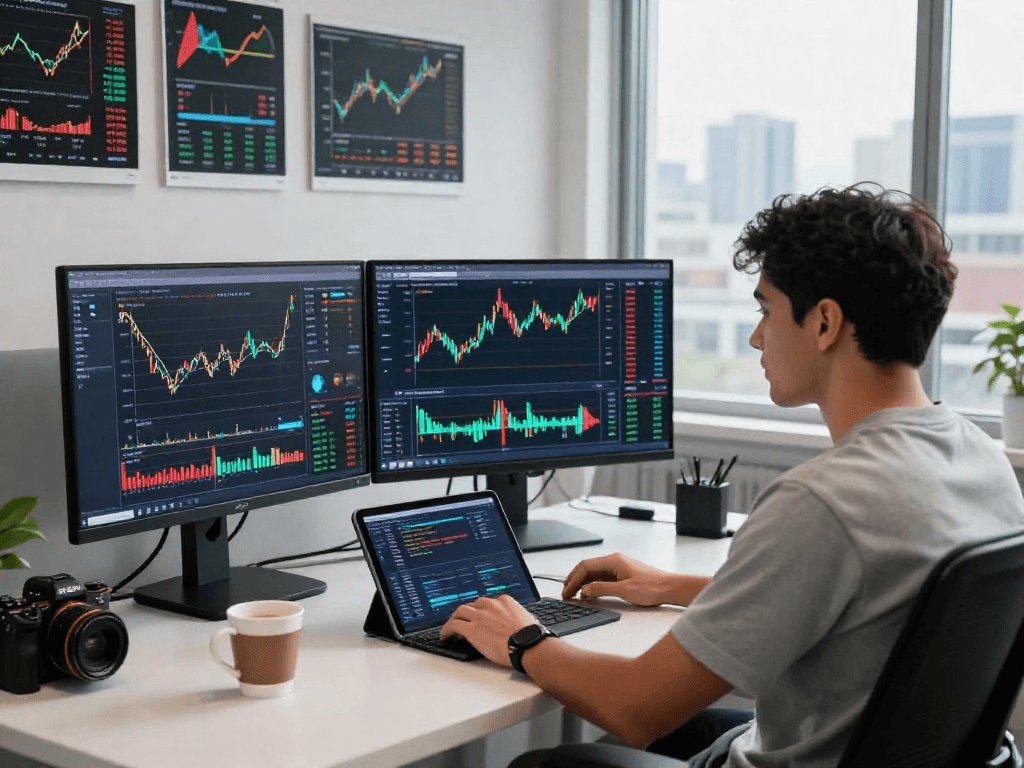 使用TradingView分析加密货币行情图表的交易员，身处现代化办公室，展示实时市场数据和技术指标。