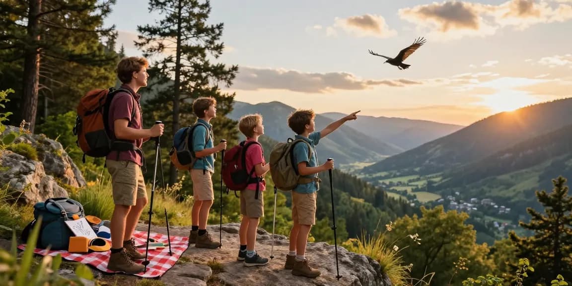 ThatMountainLife.com family enjoying a scenic view from a mountain overlook during a sunset hike.