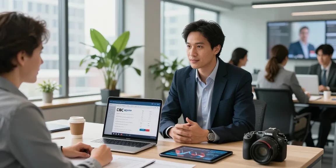 CIBC digital banking: Professional consultation in modern office with financial advisor and small business owner.