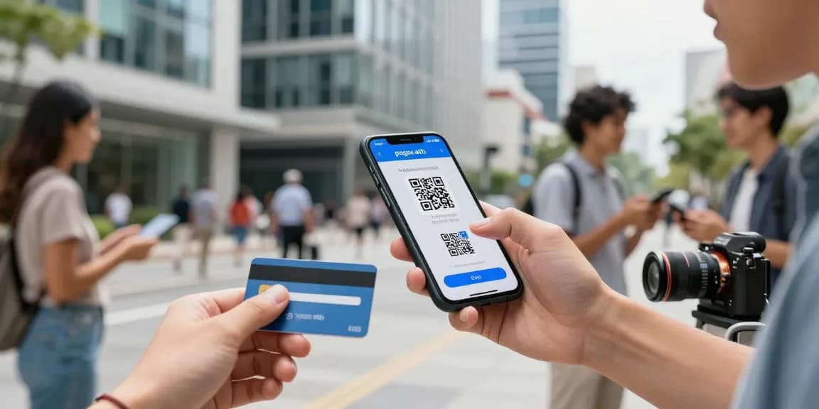 Persona utilizando pagos ETB en un entorno urbano con herramientas digitales.