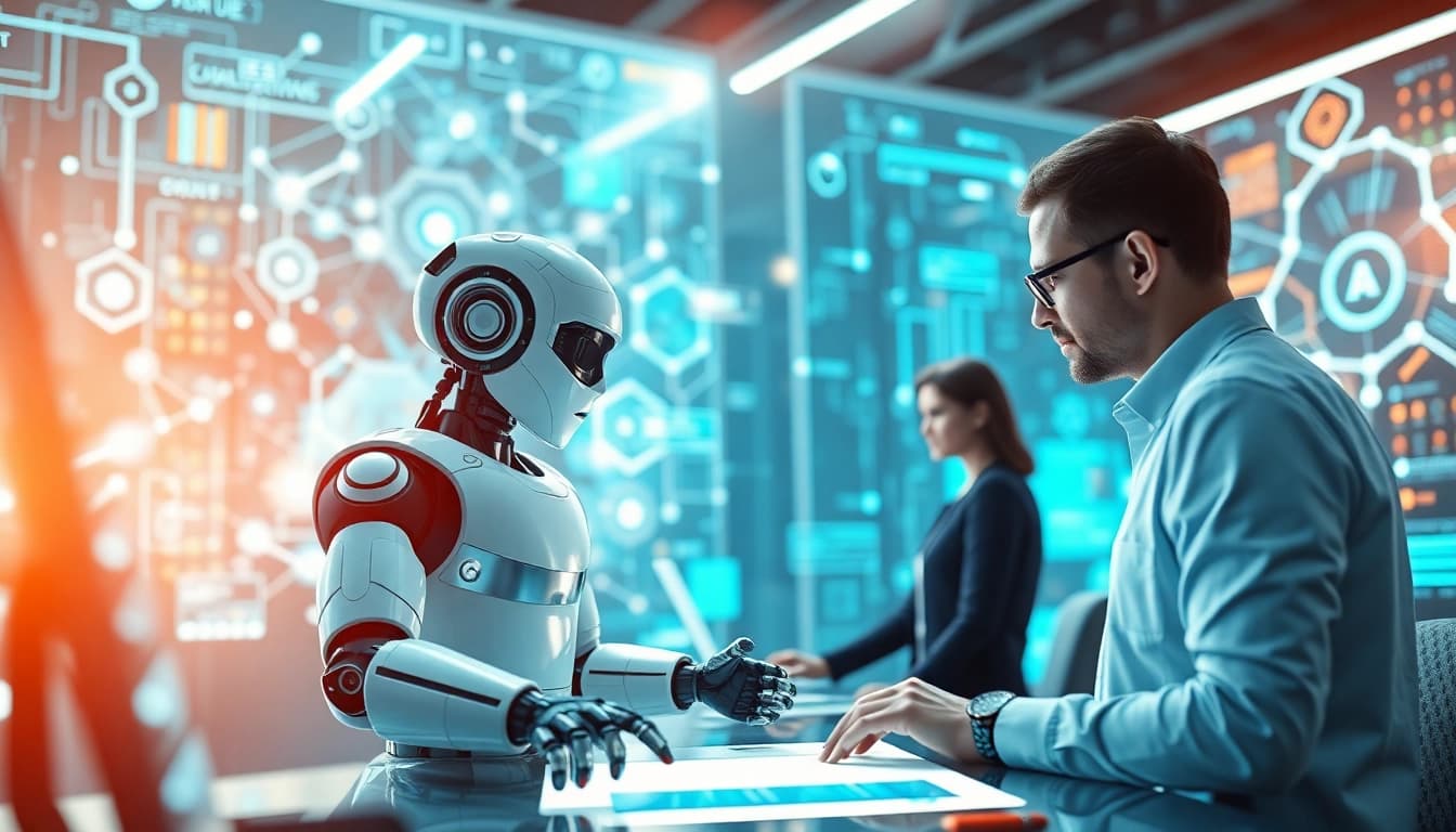 Ai agents assisting users in a futuristic digital workspace with holographic displays.