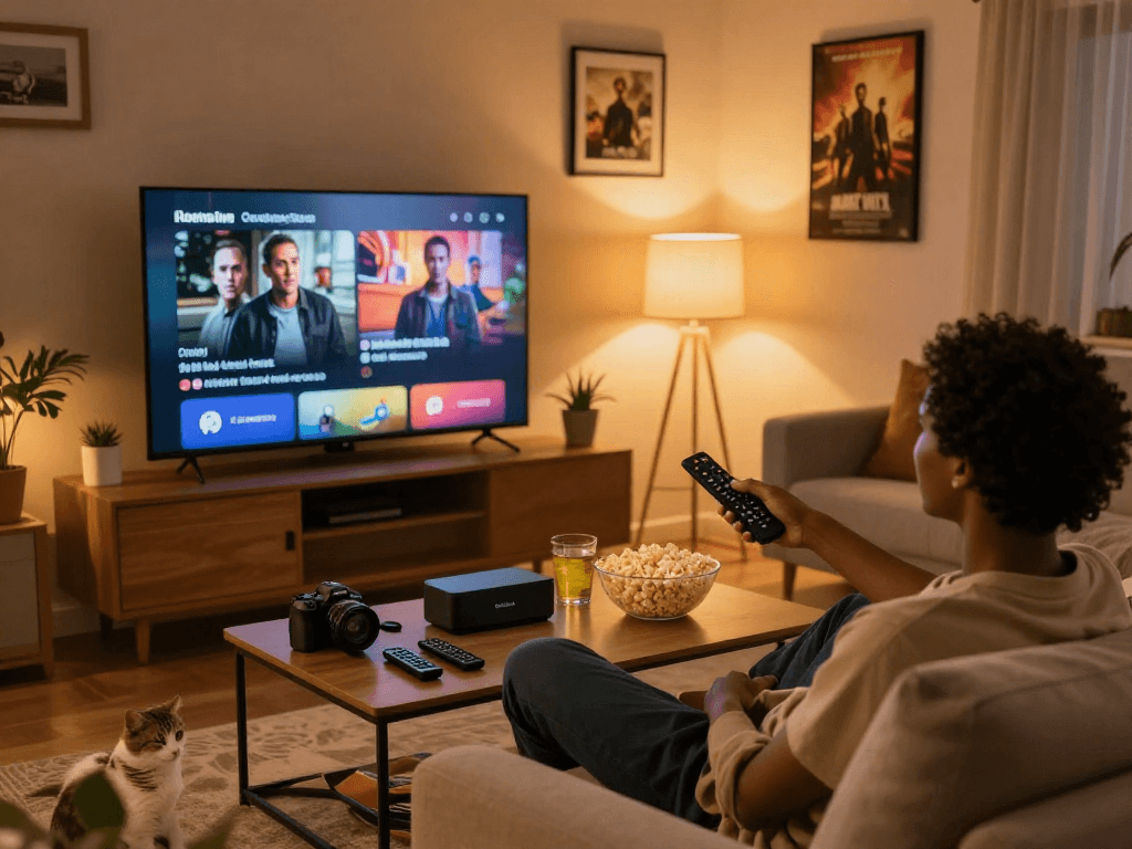 Cozy living room with a user enjoying cocoflix streaming on a large TV, popcorn and drinks on a coffee table.