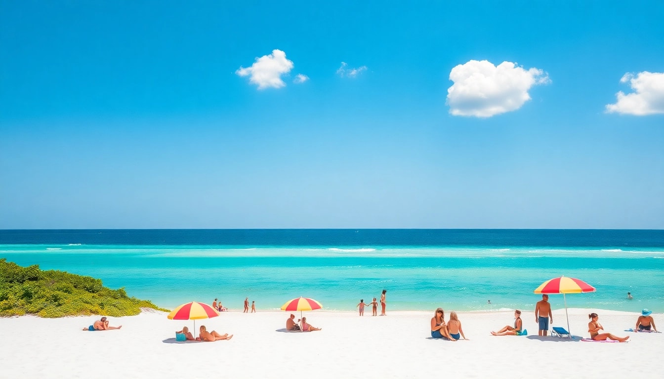 Enjoying the beautiful beach in Pensacola FL, with families and clear blue skies.