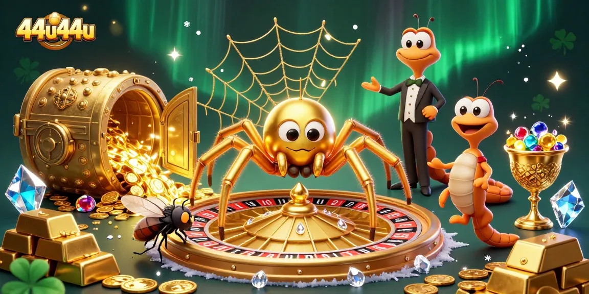 Join the excitement with 44u44u as a golden spider spins a roulette web in an animated casino scene.