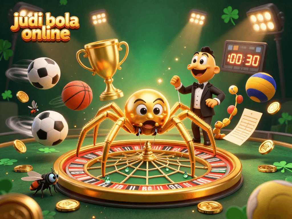 Place bets in thrilling judi bola online action as sports elements surround a golden spider and centipede croupier.