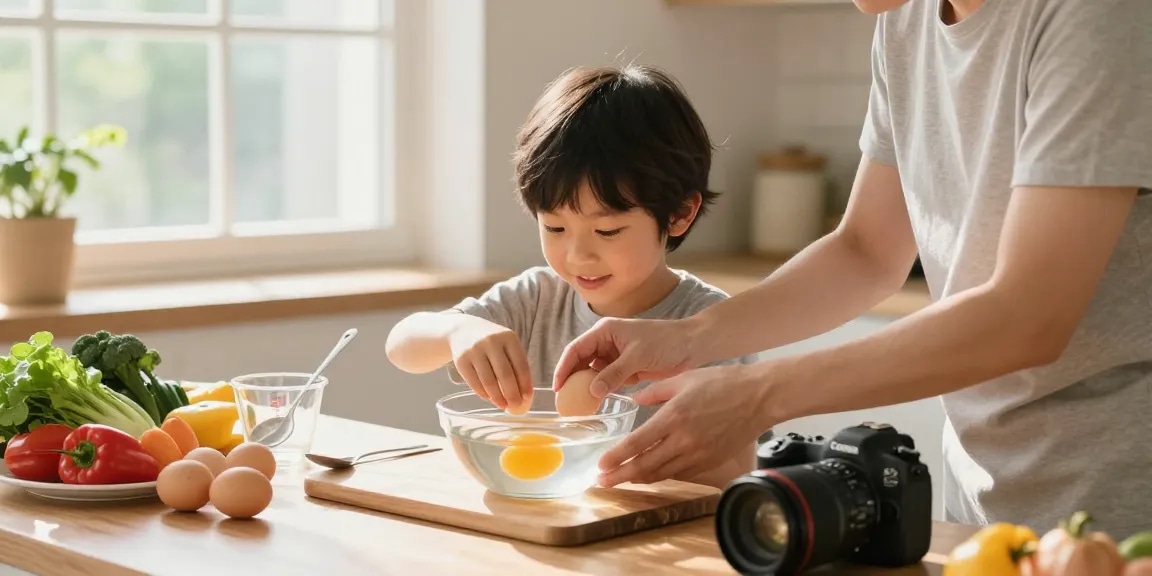Panduan Egg Float Test Sumber dari https://www.eggfloattest.com/contact, memperlihatkan keluarga mengecek kesegaran telur di dapur dengan suasana hangat.