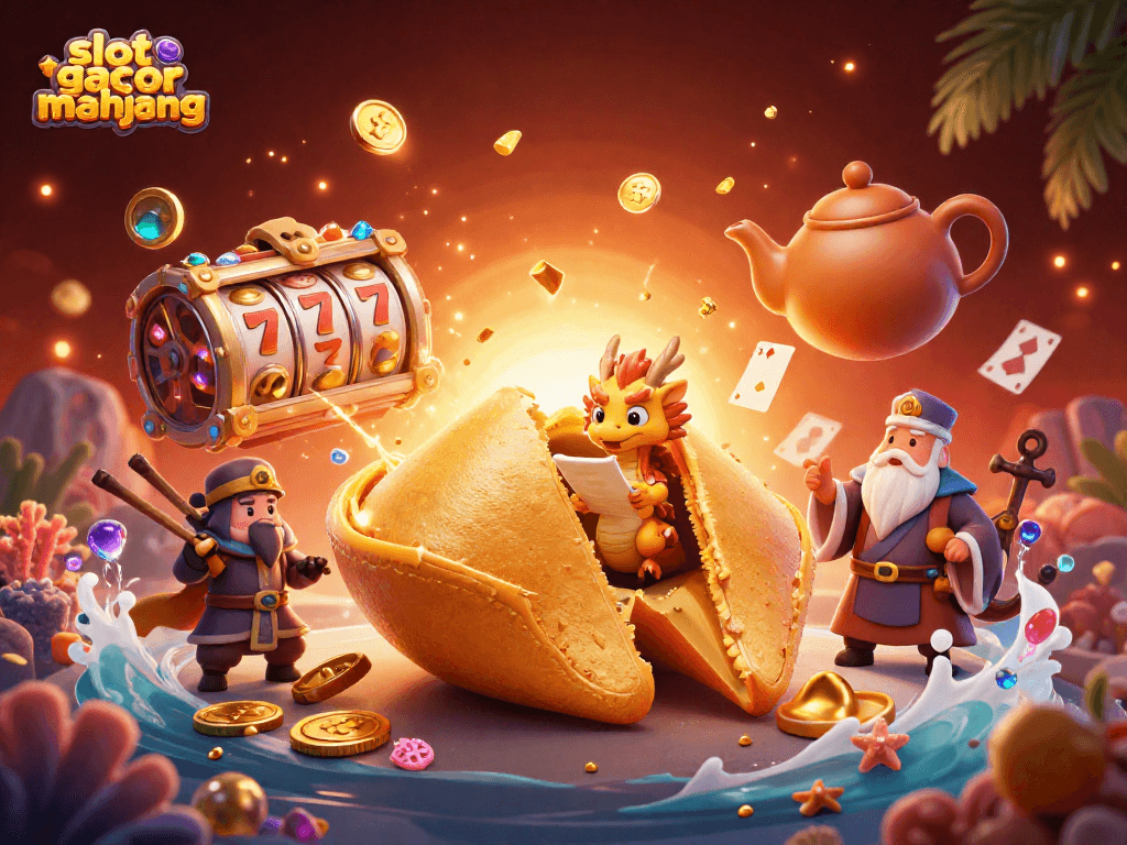 Experience slot gacor mahjong with a golden fortune cookie and a wise dragon in a vibrant casino scene.