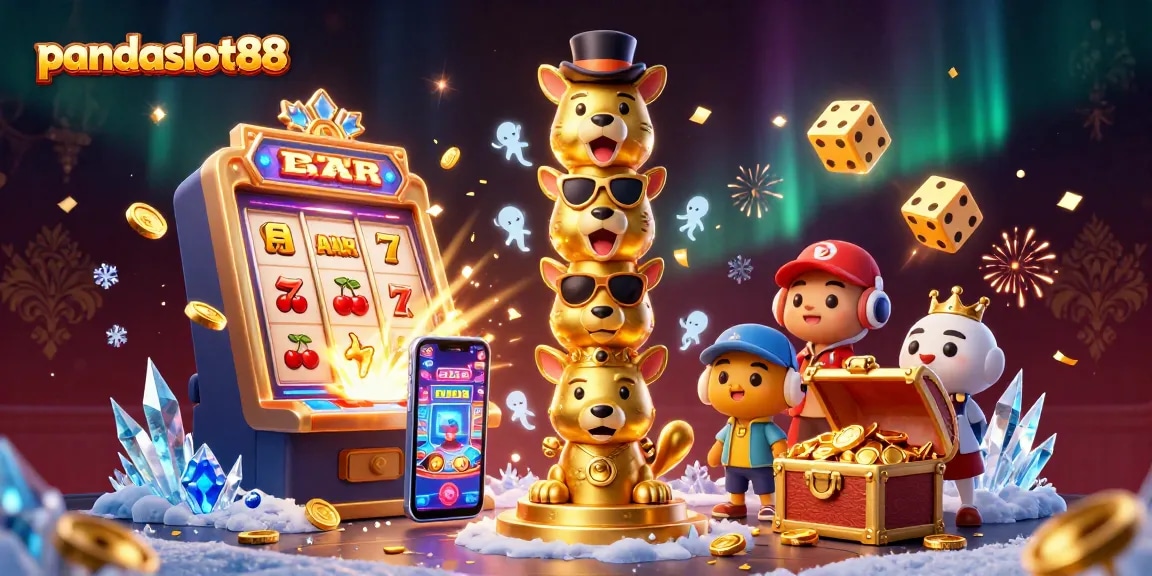 Memenangkan jackpot di pandaslot88 dengan mesin slot 3D penuh koin dan karakter unik.