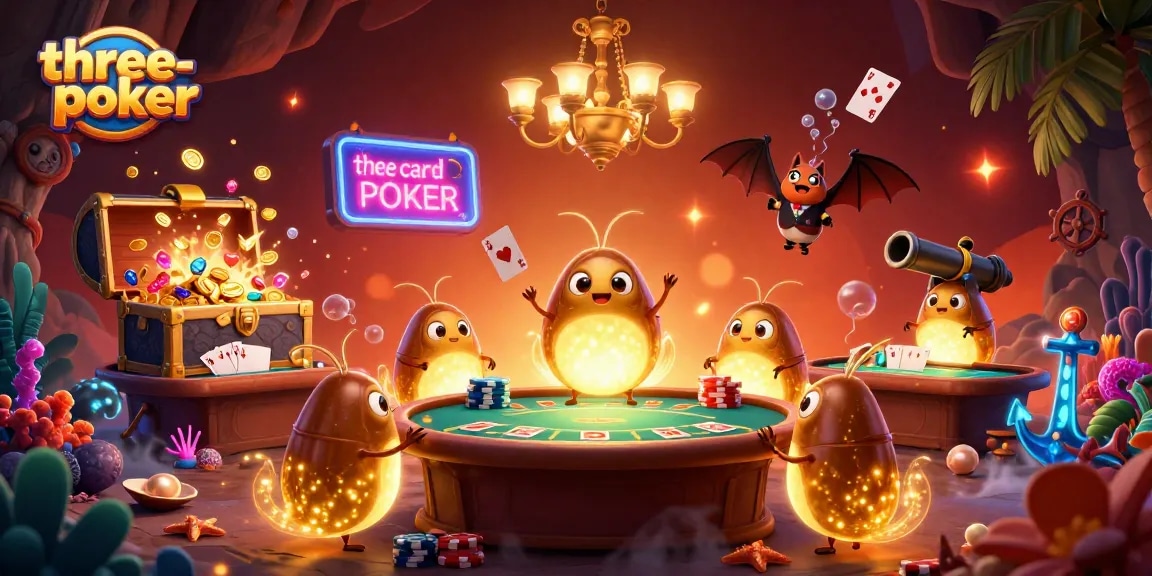 Engage in thrilling three-card-poker action under glowing cave lights with vibrant casino elements.