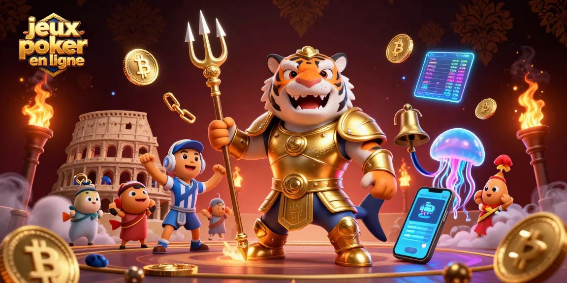 Découvrez l'univers des jeux poker en ligne avec cette scène dynamique illustrée mettant en vedette un poisson tigre gladiateur.