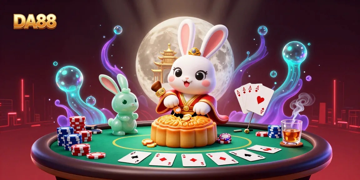 Engage with DA88's vibrant casino scene featuring a lunar rabbit, poker chips, and colorful elements.