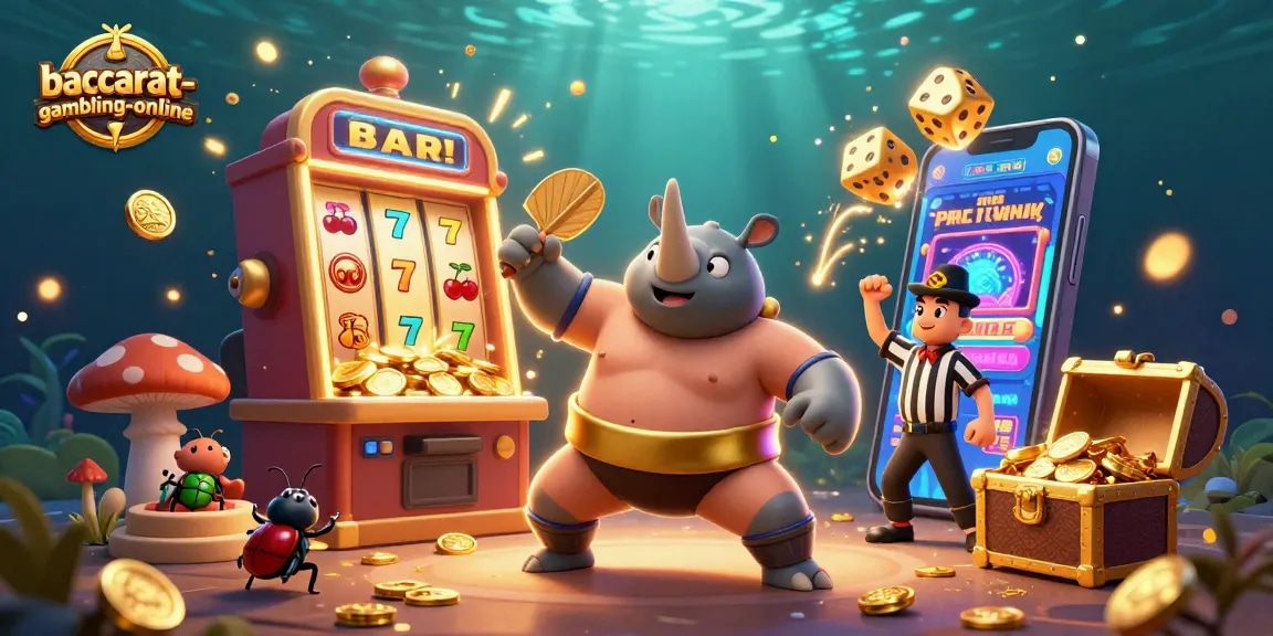 Baccarat-gambling-online showcases a thrilling casino scene with a beetle champion amidst flying coins and a jackpot slot machine explosion.