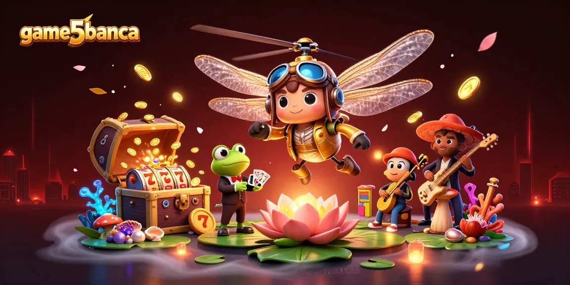 Spin and win at game5banca's vibrant lily pad casino featuring a dragonfly pilot and frog croupier.