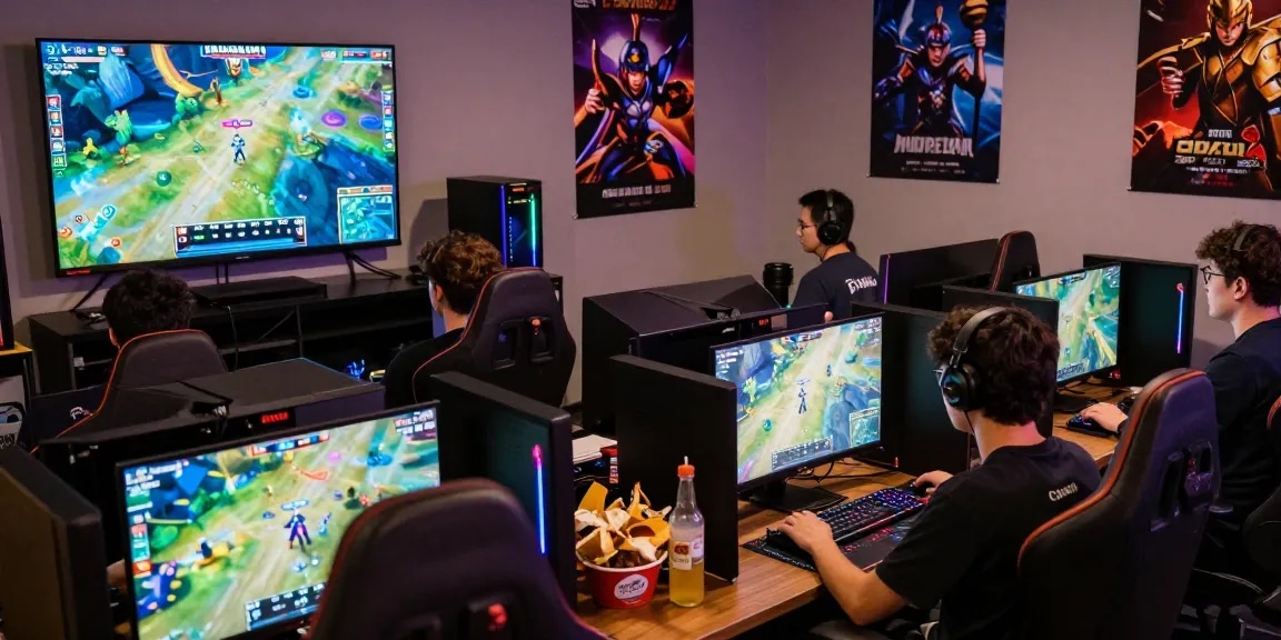 Jacktoto gaming scene with players enjoying a multiplayer session, vibrant settings and interactive screens