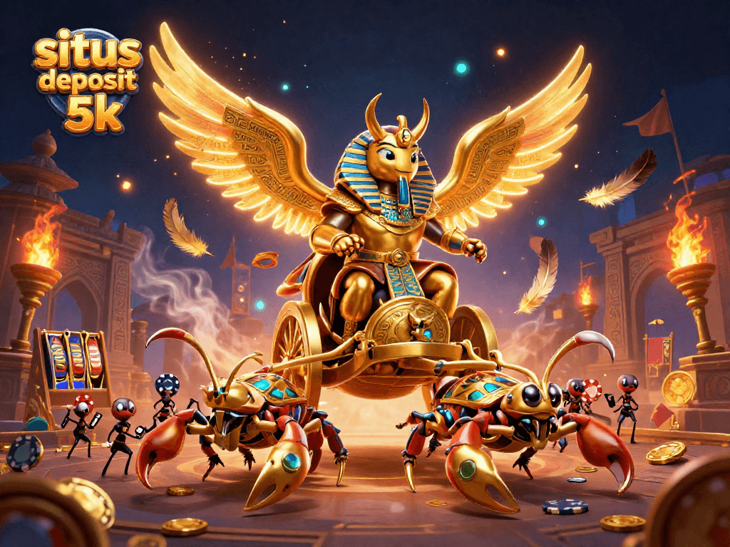Situs deposit 5k showcases an epic casino scene with a colossal scarab beetle and vibrant slot elements.