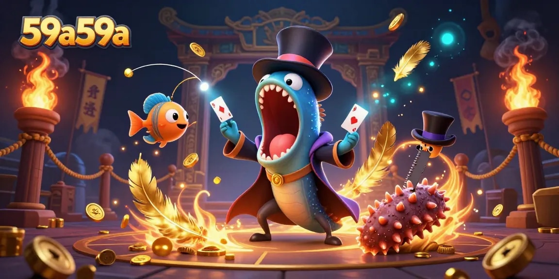59a59a realiza truques de cartas em um cassino encantado com criaturas do fundo do mar.