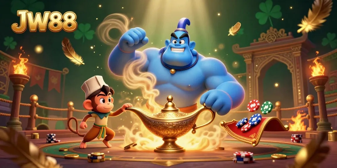 JW88 Casino scene with a blue genie, monkey, and magic carpet surrounded by golden sparks and gambling tokens.
