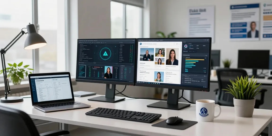 Content analyst using an ai image detector in a modern workspace for image moderation.