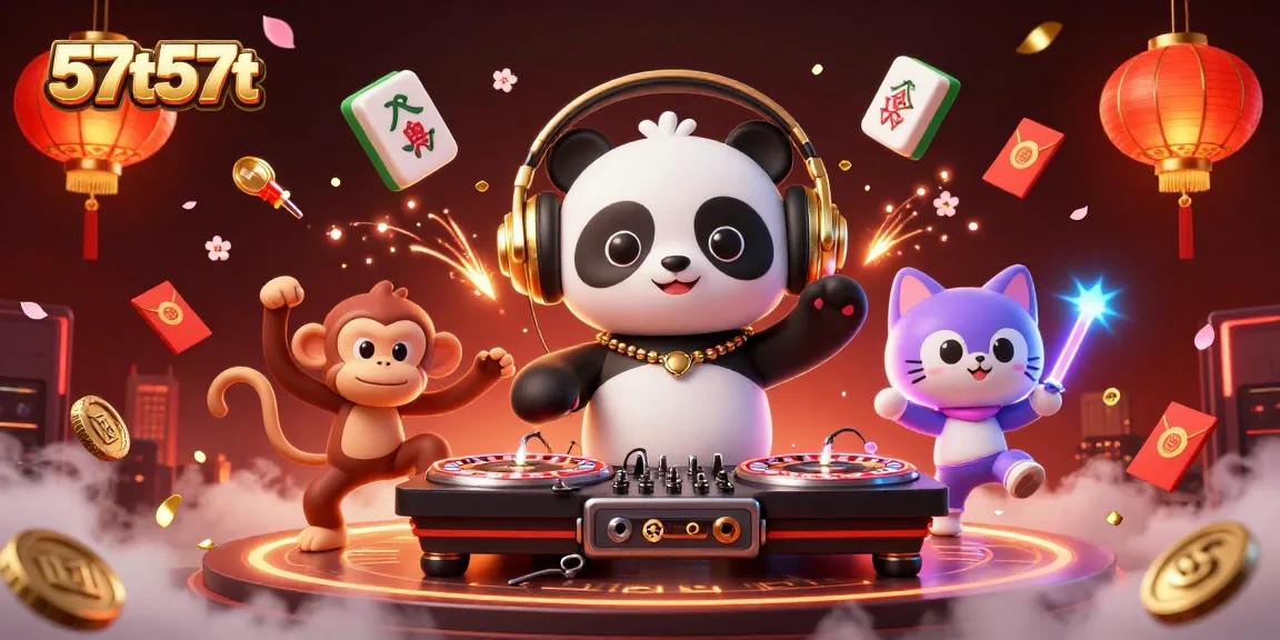 57t57t grants a thrilling experience with a DJ panda and lively characters embracing casino excitement.