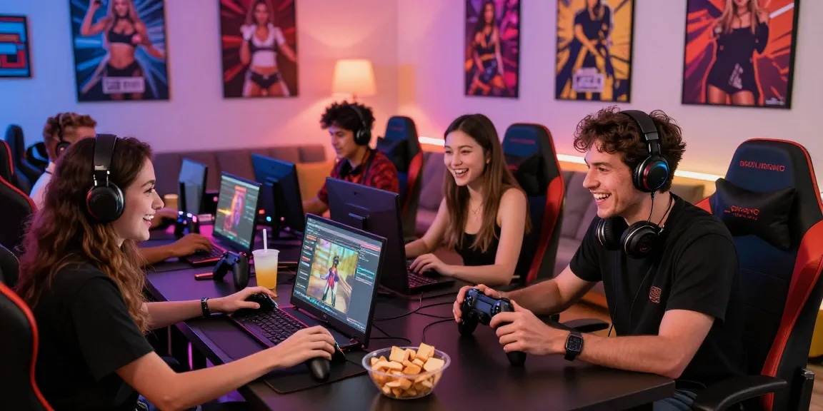Exciting scene of gamers playing real sex games in a vibrant gaming space with laughter and strategy discussions.