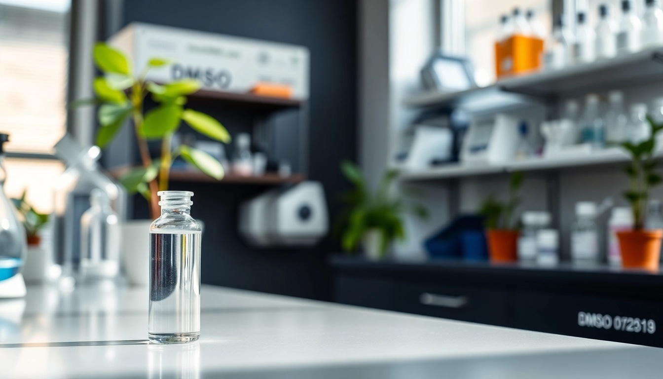 DMSO organic in a clear glass vial on a polished countertop, surrounded by lab equipment.