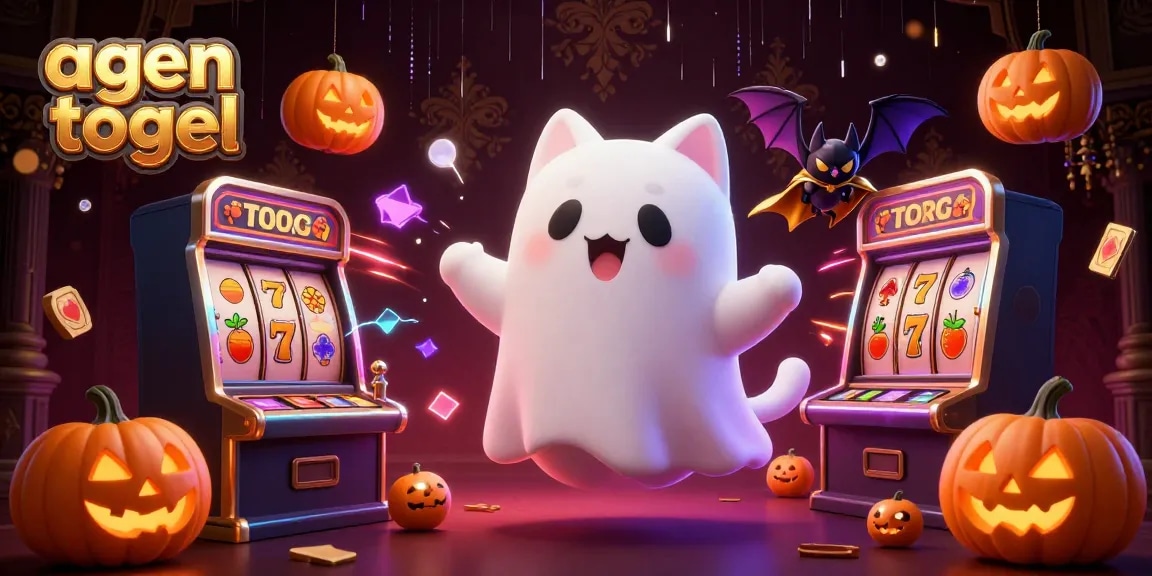 Engage with agen togel in thrilling visual fun with friendly ghost cat and vibrant casino elements.
