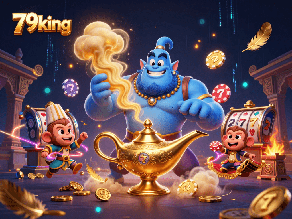 Win big with 79king in a vibrant casino scene featuring a magical genie and poker elements.