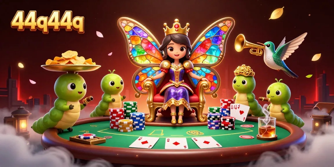 Engage with 44q44q as a cartoon butterfly queen presides over a vibrant poker scene.