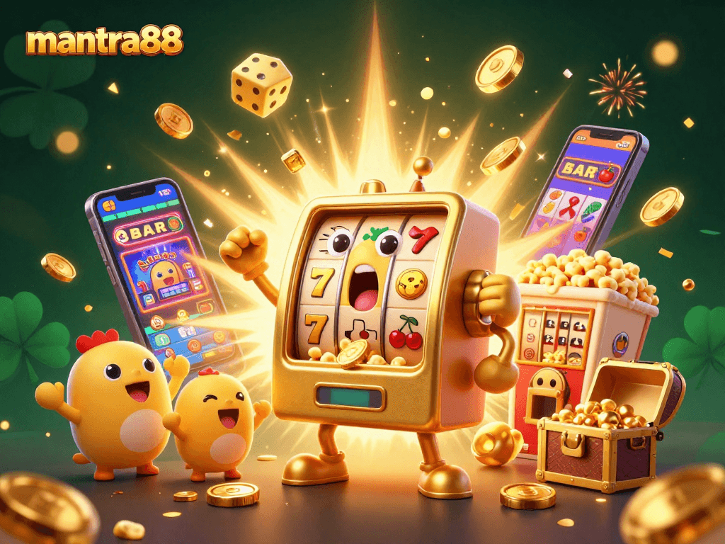 Experience the thrill of mantra88 as the golden slot machine hits a jackpot surrounded by cheering baby machines.