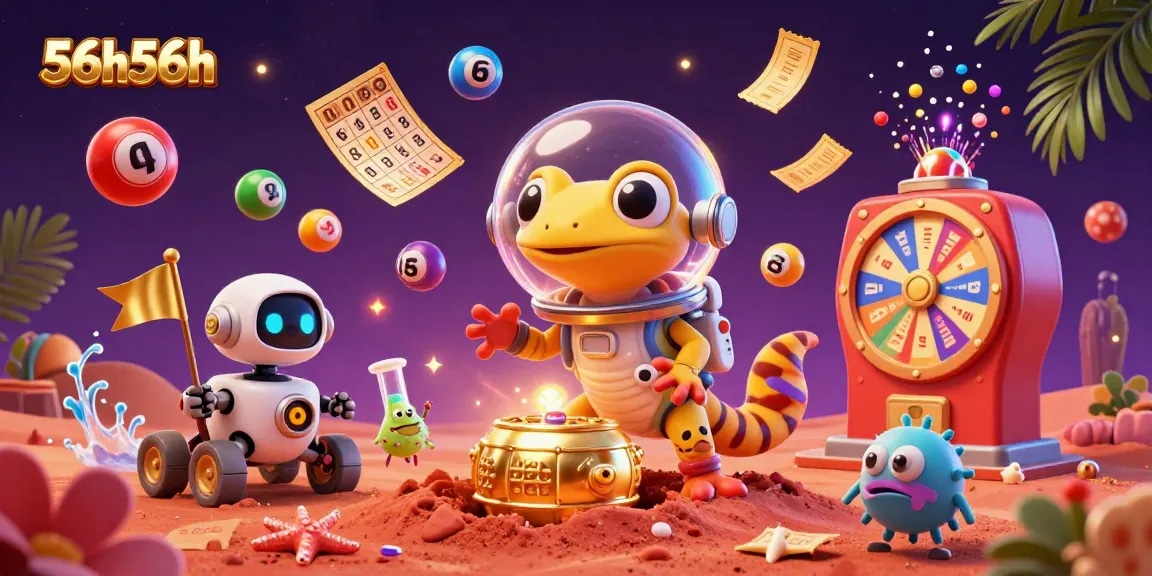 Engage with the 56h56h universe as cartoon Martian geckos and aliens celebrate their big win at a buried casino.