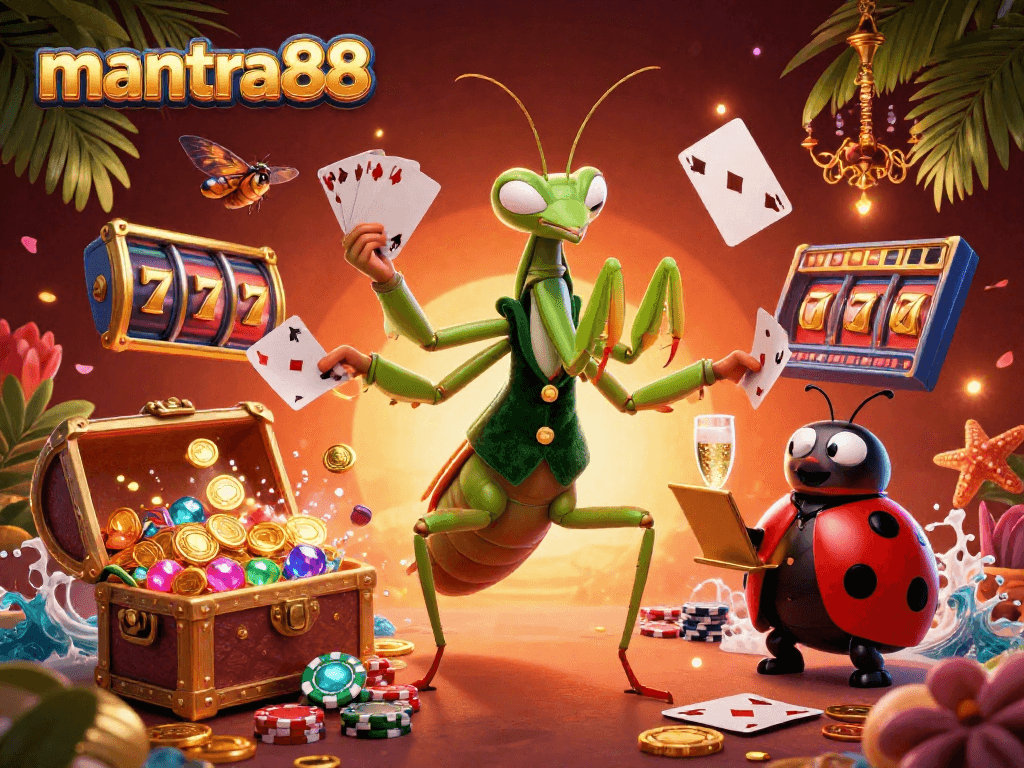 Experience exhilarating gaming action at mantra88 with a vibrant gambling scene featuring a giant mantis dealer and thrilling slot reels.