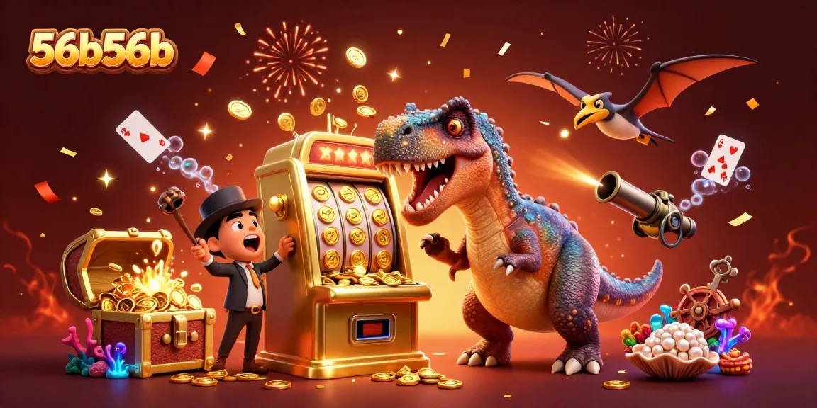Watch the 56b56b pachycephalosaurus win jackpots with a golden slot machine in a vibrant casino scene.
