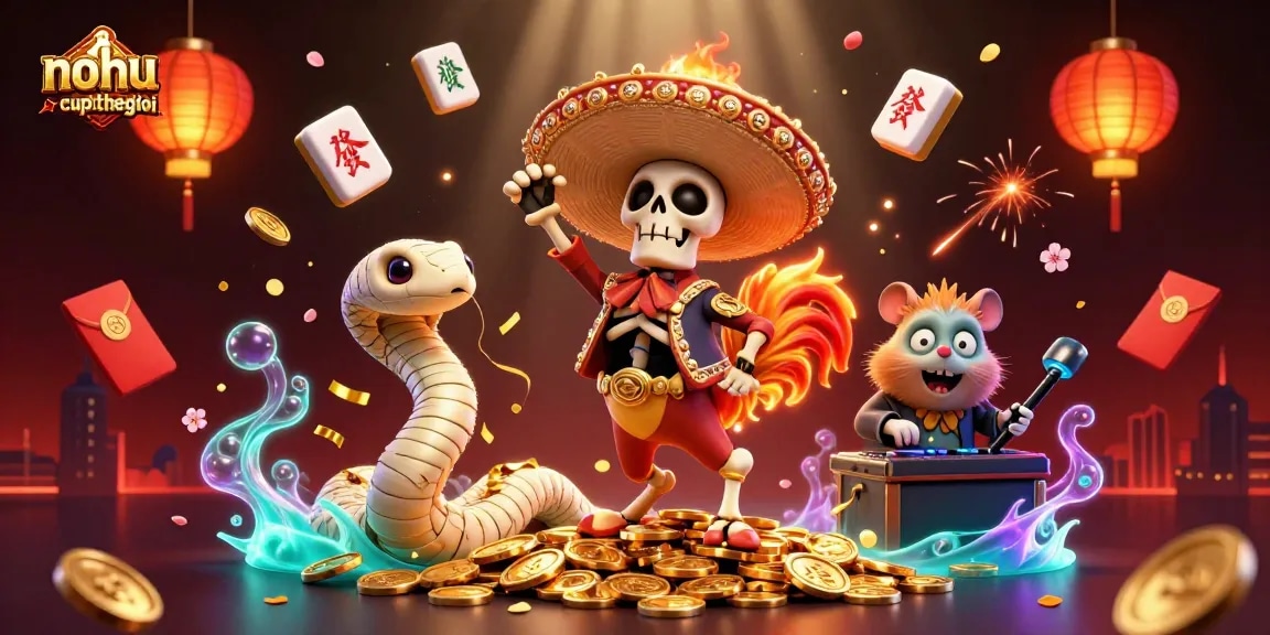 Experience wins at nohu-cupthegioi with vibrant 3D casino characters and festive gambling elements.