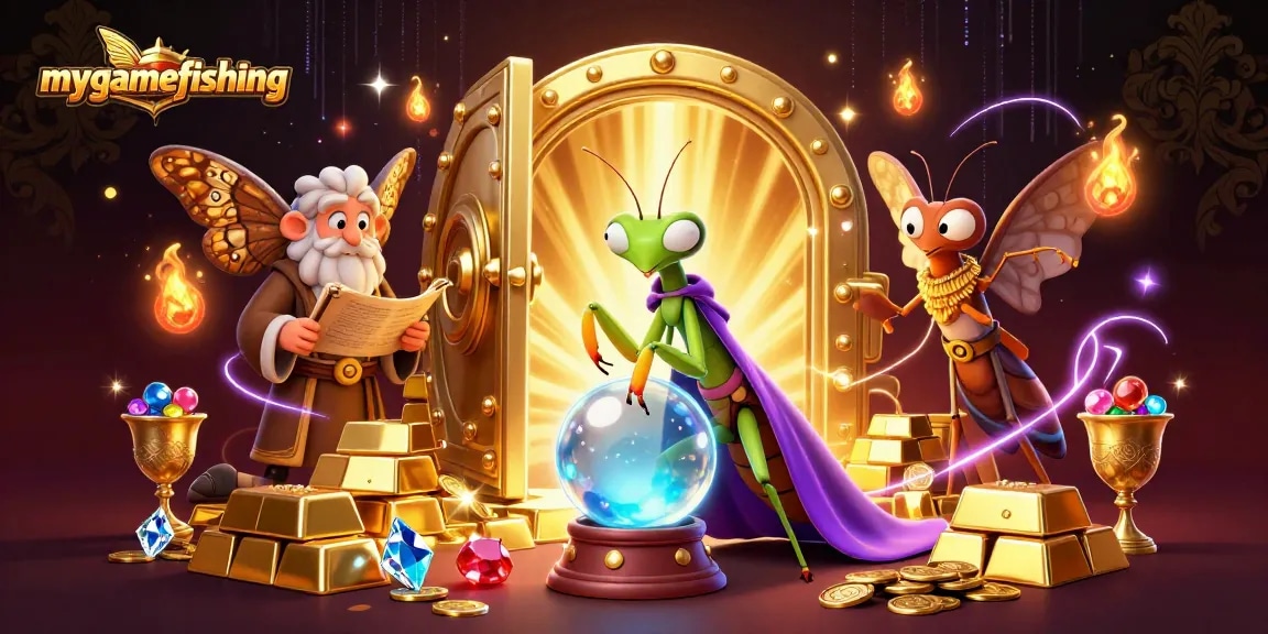 Engage in mygamefishing with a fortune teller scene brimming with treasures and vibrant energy.