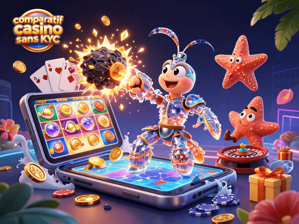 Comparatif casino sans KYC : découvrez une scène dynamique de jeu avec des personnages animés et des éléments de casino.