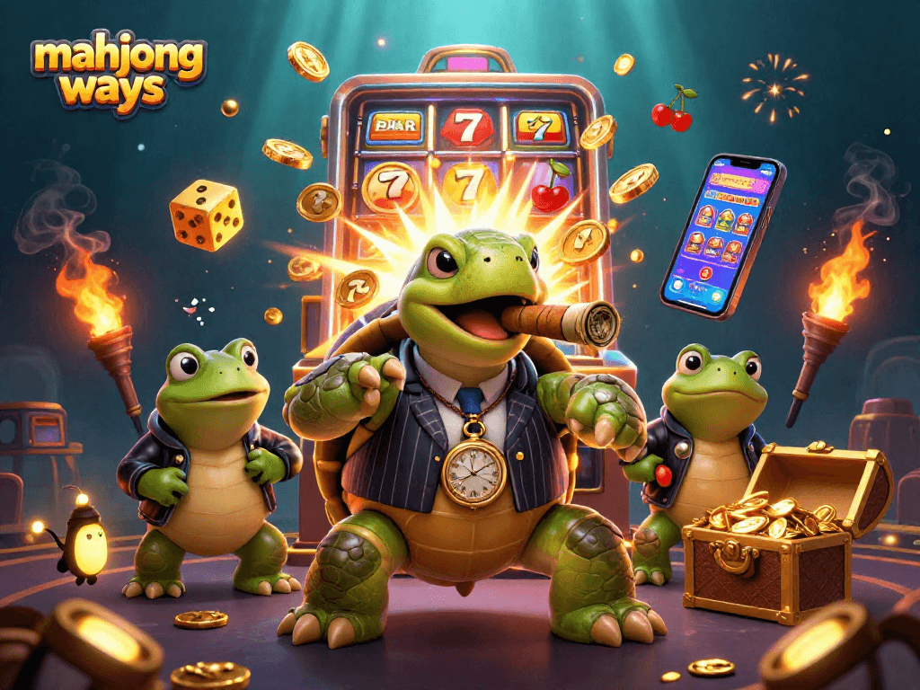 Menangkan mahjong ways dan jackpot dengan karakter unik di kasino, dikelilingi oleh mesin slot dan lampu.