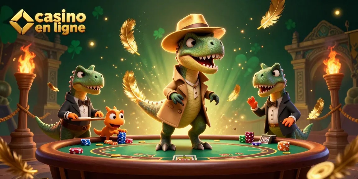 Jouez à un casino en ligne avec une illustration amusante mettant en scène un vélociraptor en train de compter les cartes.