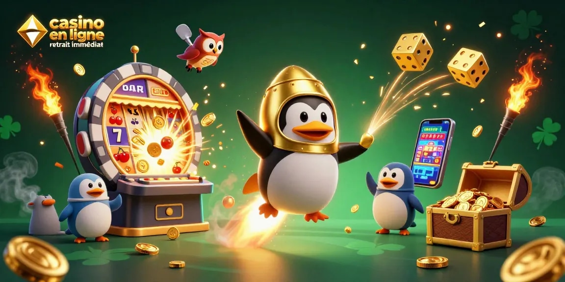 Jouez au casino en ligne retrait immédiat avec le petit pingouin doré dans l'espace et de nombreux gains.