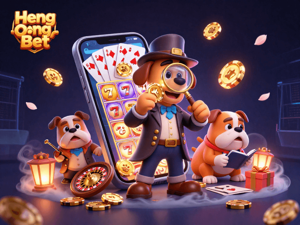 Engage in winning strategies at Heng Ong Bet with a vibrant illustration of a detective duo solving casino mysteries.
