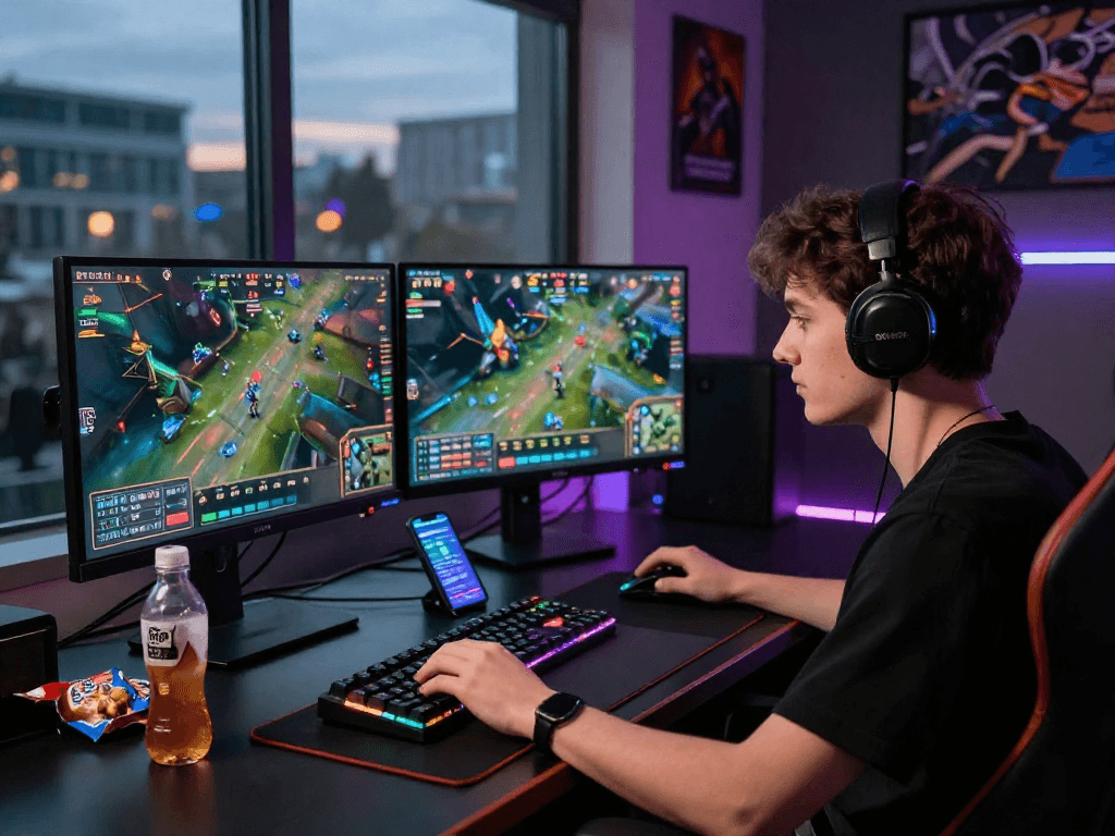 Esports betting with 롤토토 displayed on monitors surrounded by gaming gear in a modern setup.